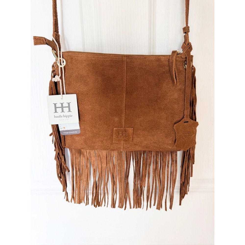 Haute Hippie Style Cognac Brown Genuine Suede Fringe Crossbody Bag New